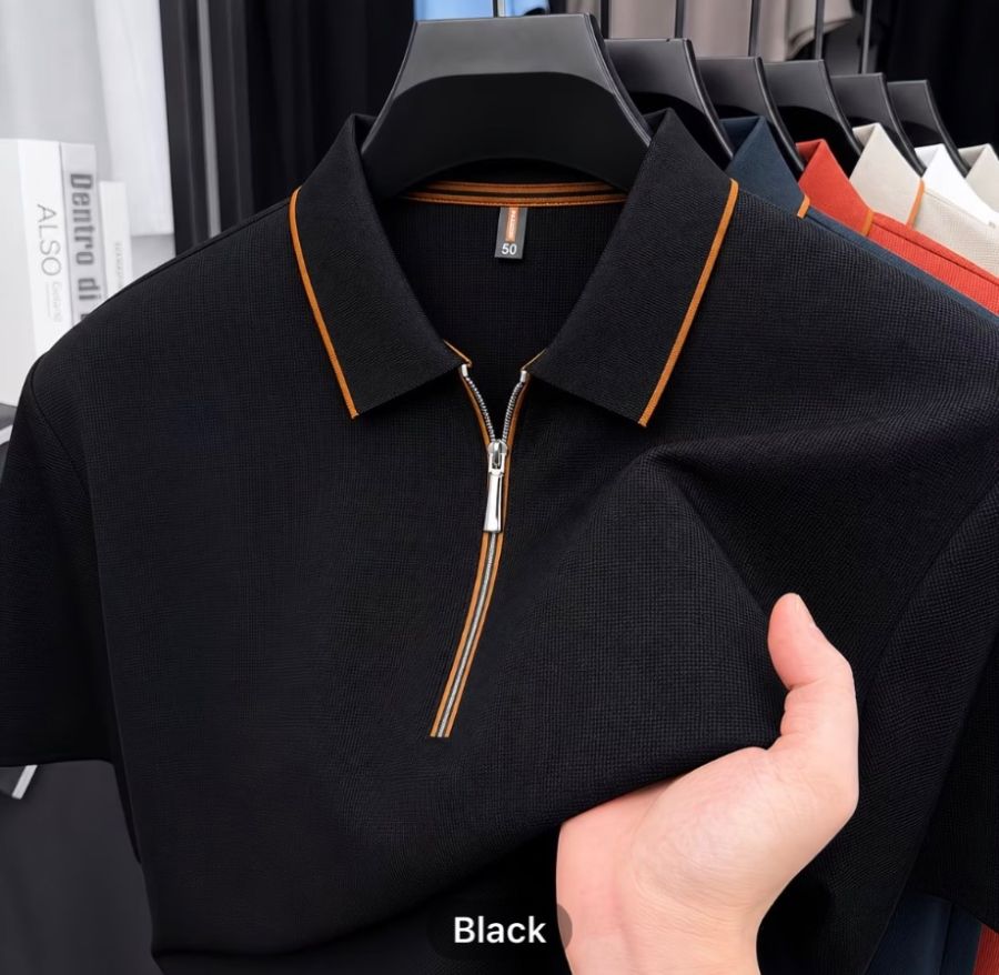 Summer Half-Zip Polo Shirt Short Sleeve Collared T-Shirt New Style Micro-Elastic Cool-Touch