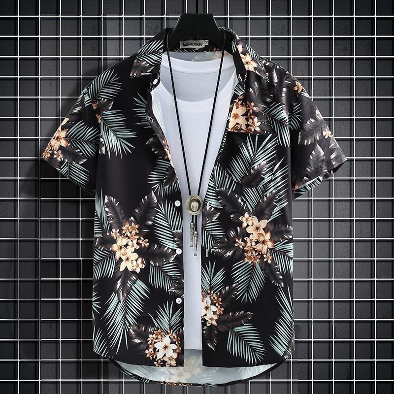 Hawaiian Flower Shirt Men's Thin Ice Silk Short-Sleeved Loose Large Size Beach Shirt