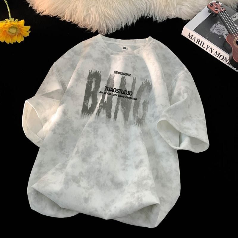 Retro Street New Tie-Dyed Short-Sleeved T-Shirt Men's Summer Trendy Print Versatile Quarter-Sleeved Casual