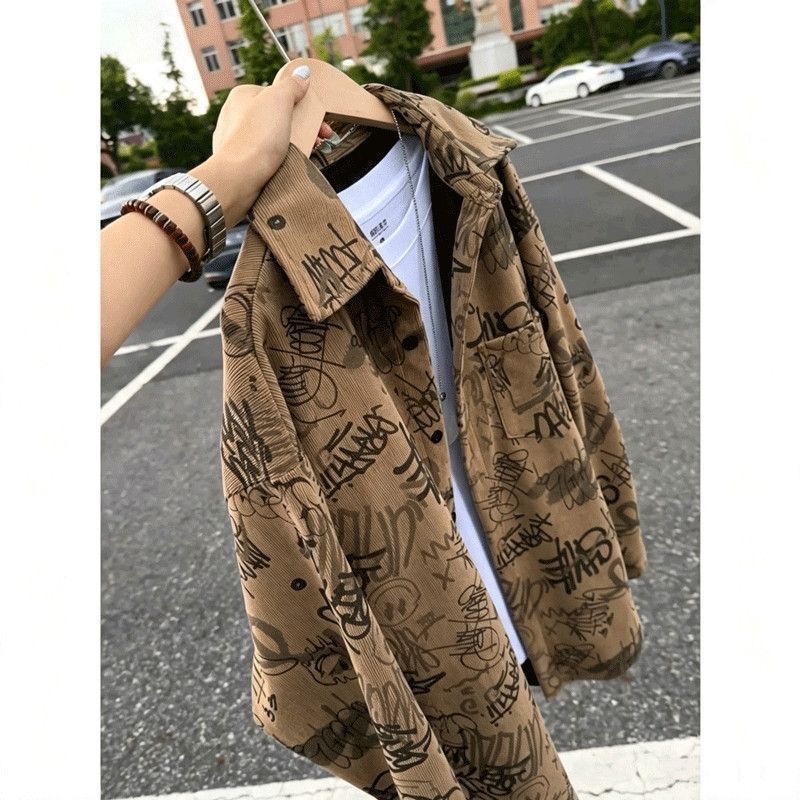 Autumn Handsome Design Shirt Cardigan Coffee Color Graffiti Printed Long-Sleeved Shirt American Retro